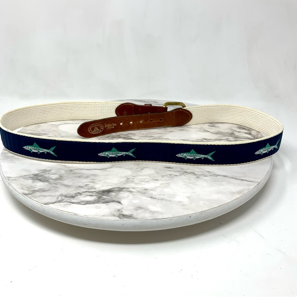 Sporty Leather Man LTD Essex Navy Fish Pattern Belt 40 Mens Preppy Classic Boat